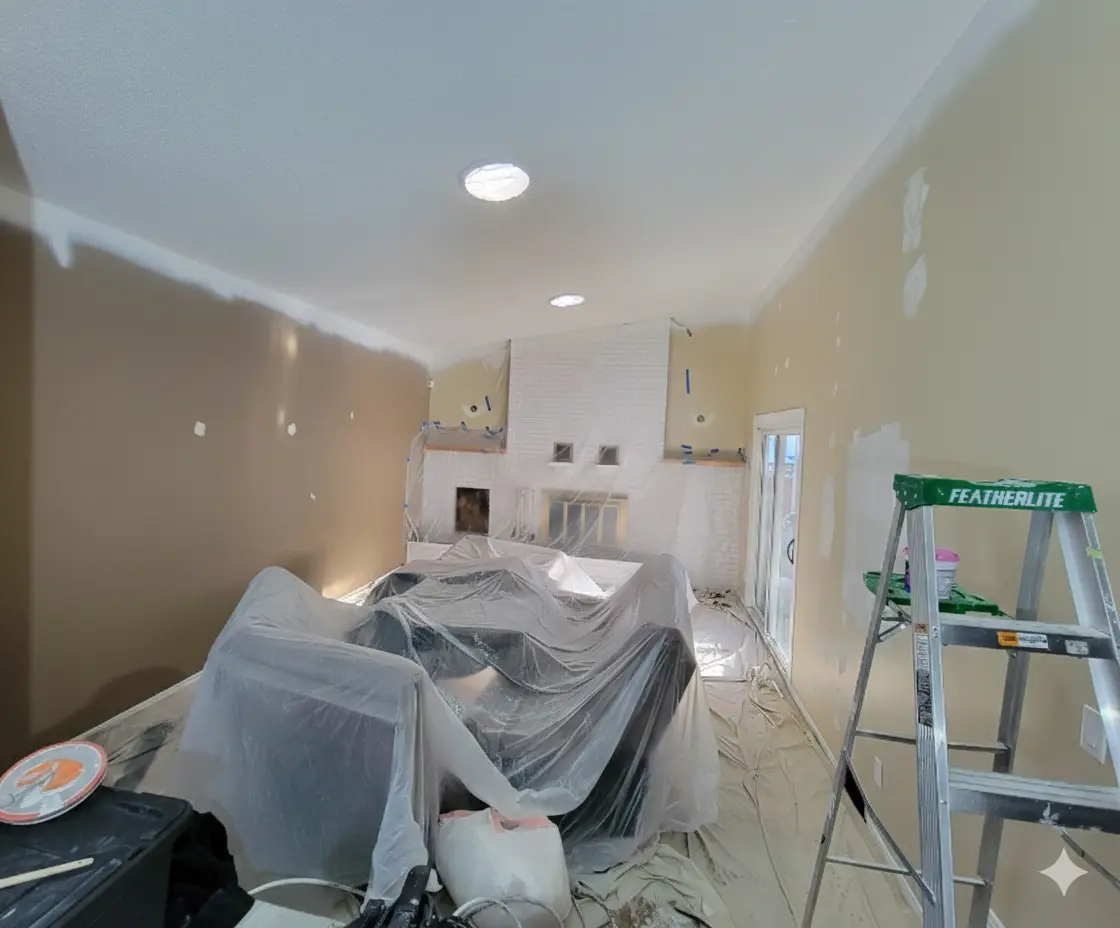 Professional painting services in Red Deer preparing a room for ceilings.